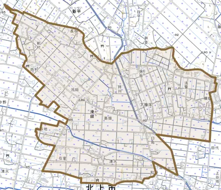 滑田とその周辺の地図。町の範囲を重ねている