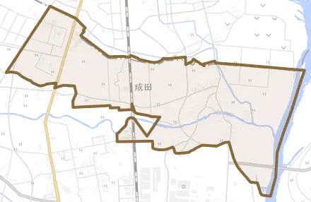 成田とその周辺の地図。町の範囲を重ねている