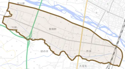 鬼柳町とその周辺の地図。町の範囲を重ねている