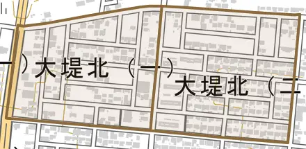 大堤北とその周辺の地図。町の範囲を重ねている