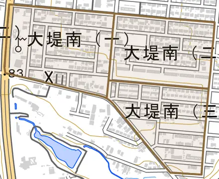 大堤南とその周辺の地図。町の範囲を重ねている