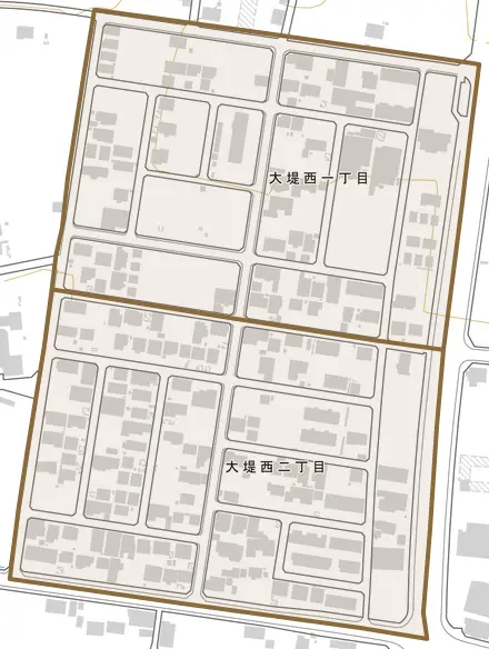 大堤西とその周辺の地図。町の範囲を重ねている