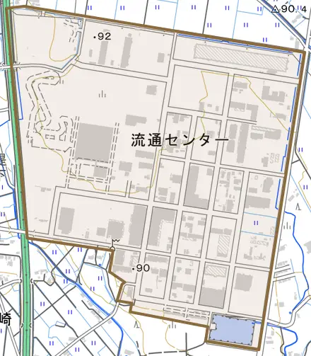 流通センターとその周辺の地図。町の範囲を重ねている