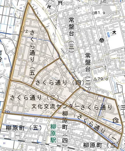 さくら通りとその周辺の地図。町の範囲を重ねている
