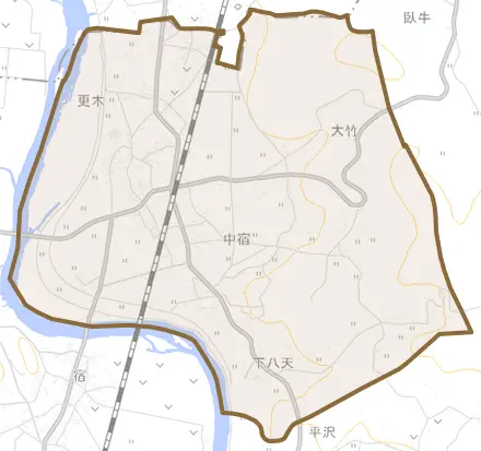更木とその周辺の地図。町の範囲を重ねている