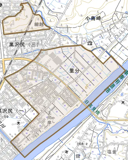 里分とその周辺の地図。町の範囲を重ねている