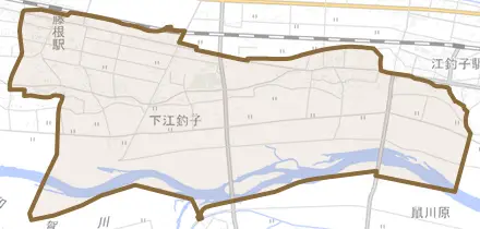 下江釣子とその周辺の地図。町の範囲を重ねている