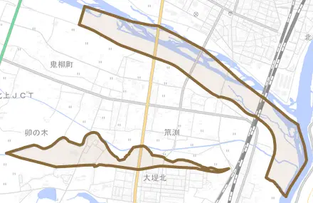 下鬼柳とその周辺の地図。町の範囲を重ねている