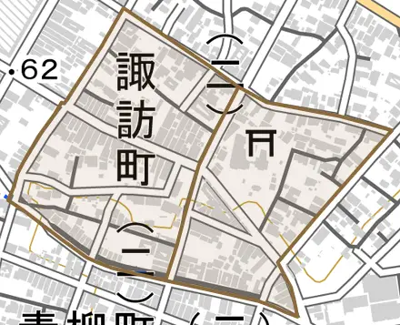 諏訪町とその周辺の地図。町の範囲を重ねている