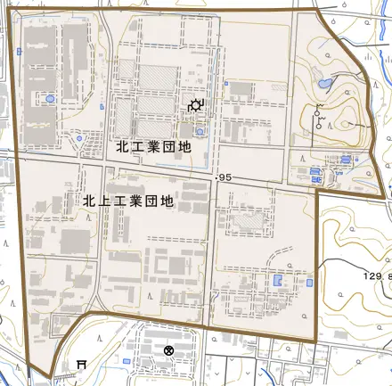 北工業団地とその周辺の地図。町の範囲を重ねている