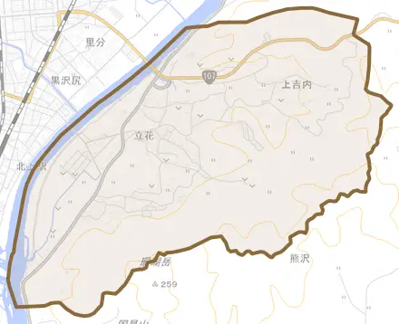 立花とその周辺の地図。町の範囲を重ねている