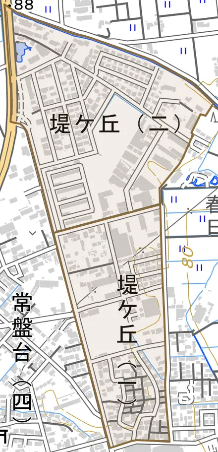 堤ケ丘とその周辺の地図。町の範囲を重ねている