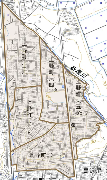 上野町とその周辺の地図。町の範囲を重ねている
