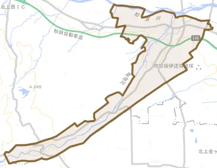 和賀町岩崎とその周辺の地図。町の範囲を重ねている