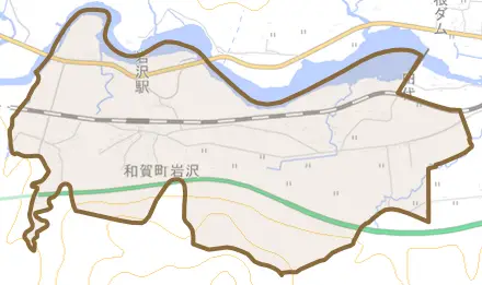和賀町岩沢とその周辺の地図。町の範囲を重ねている