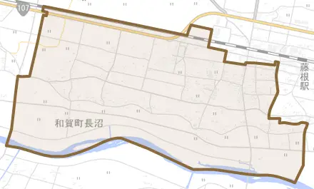 和賀町長沼とその周辺の地図。町の範囲を重ねている