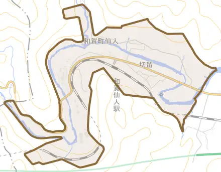 和賀町仙人とその周辺の地図。町の範囲を重ねている