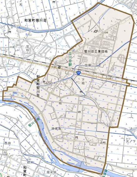 和賀町竪川目とその周辺の地図。町の範囲を重ねている