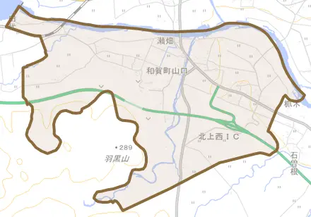 和賀町山口とその周辺の地図。町の範囲を重ねている