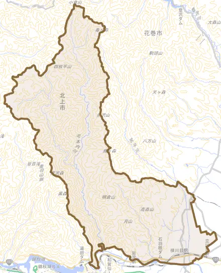 和賀町横川目とその周辺の地図。町の範囲を重ねている