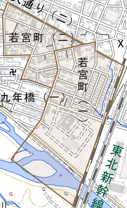 若宮町とその周辺の地図。町の範囲を重ねている