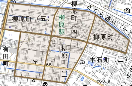 柳原町とその周辺の地図。町の範囲を重ねている
