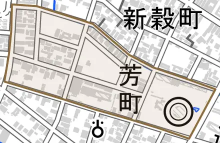 芳町とその周辺の地図。町の範囲を重ねている
