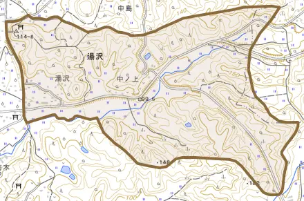 湯沢とその周辺の地図。町の範囲を重ねている