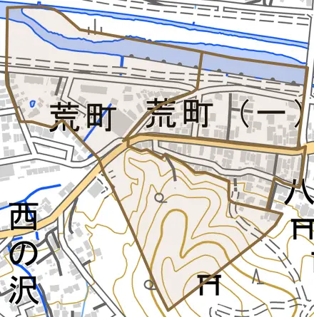 荒町とその周辺の地図。町の範囲を重ねている