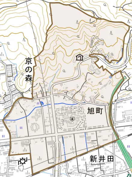 旭町とその周辺の地図。町の範囲を重ねている