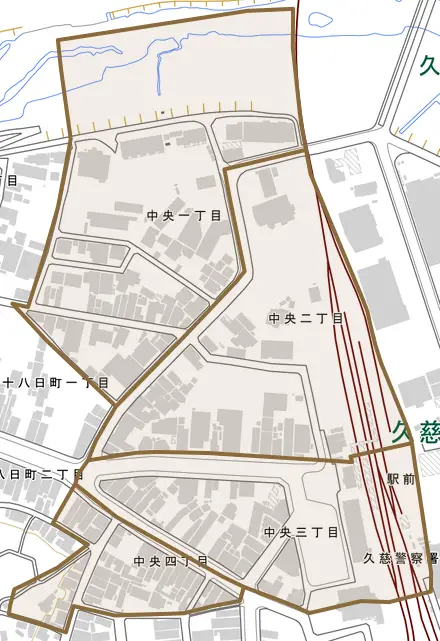 中央とその周辺の地図。町の範囲を重ねている