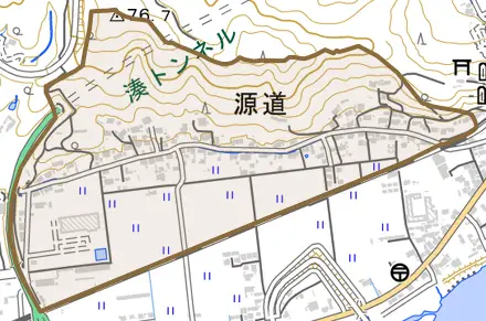 源道とその周辺の地図。町の範囲を重ねている
