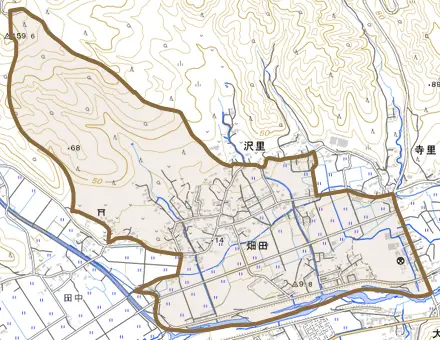 畑田とその周辺の地図。町の範囲を重ねている