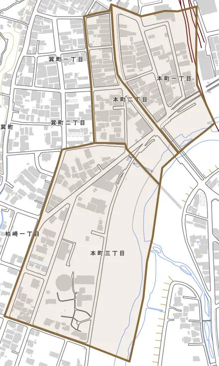 本町とその周辺の地図。町の範囲を重ねている
