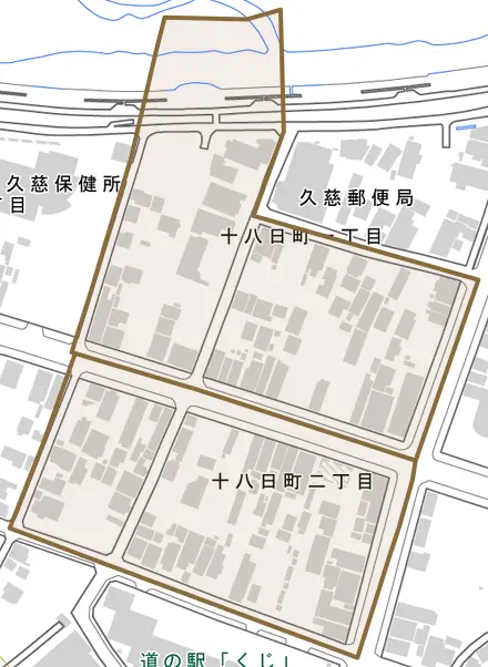 十八日町とその周辺の地図。町の範囲を重ねている