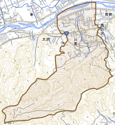川貫とその周辺の地図。町の範囲を重ねている