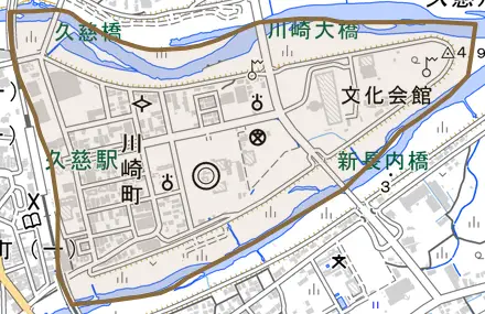 川崎町とその周辺の地図。町の範囲を重ねている