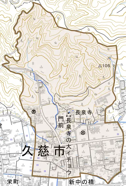 門前とその周辺の地図。町の範囲を重ねている