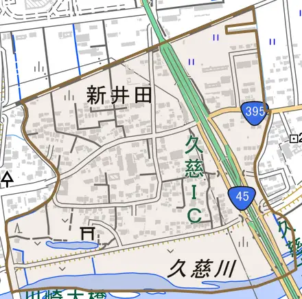 新井田とその周辺の地図。町の範囲を重ねている