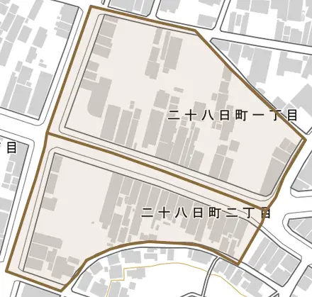 二十八日町とその周辺の地図。町の範囲を重ねている