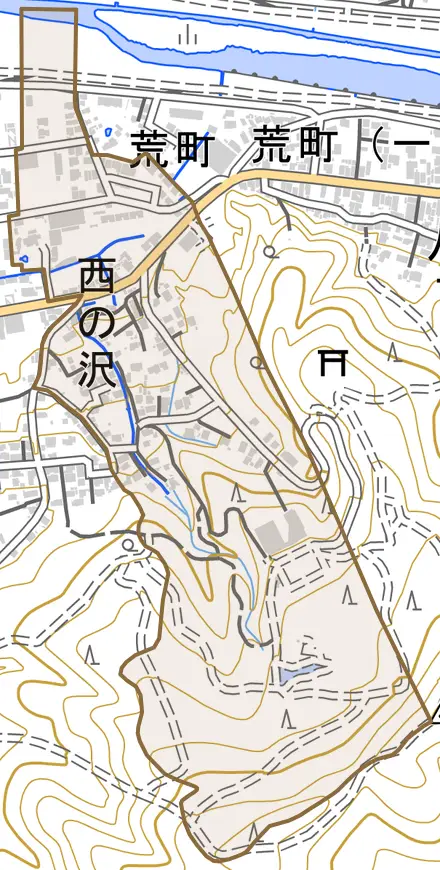 西の沢とその周辺の地図。町の範囲を重ねている