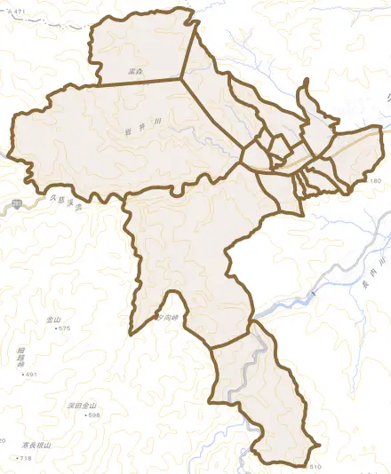 大川目町とその周辺の地図。町の範囲を重ねている