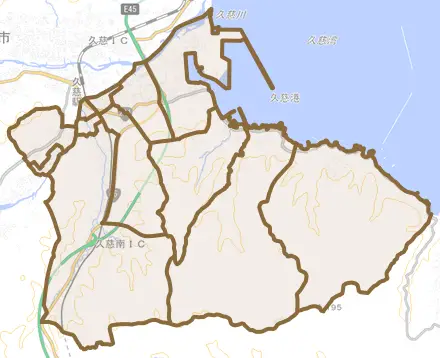 長内町とその周辺の地図。町の範囲を重ねている