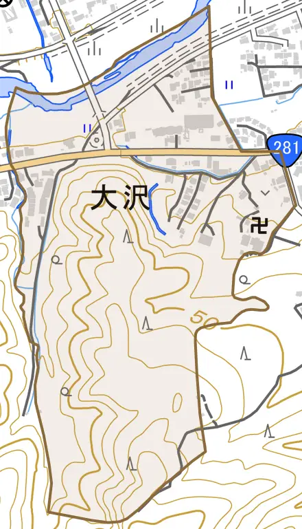 大沢とその周辺の地図。町の範囲を重ねている