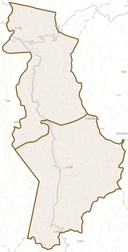 山根町下戸鎖とその周辺の地図。町の範囲を重ねている