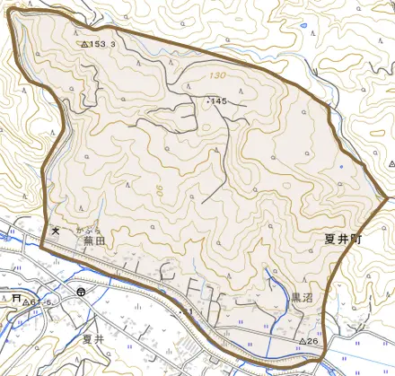 夏井町黒沼とその周辺の地図。町の範囲を重ねている