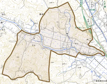 夏井町早坂とその周辺の地図。町の範囲を重ねている