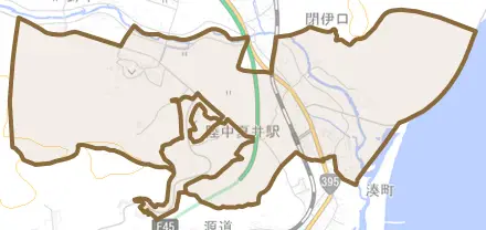 夏井町大崎とその周辺の地図。町の範囲を重ねている