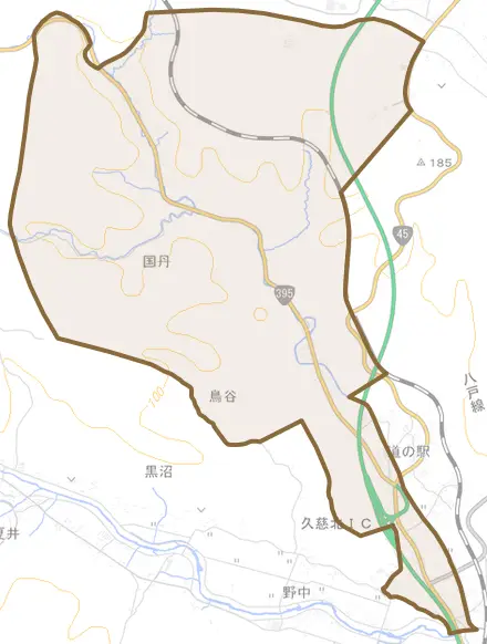 夏井町鳥谷とその周辺の地図。町の範囲を重ねている