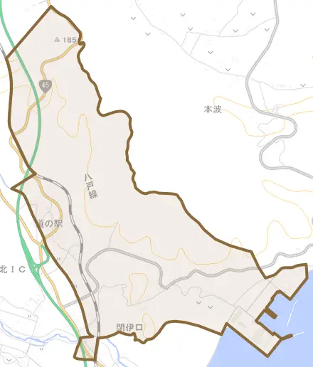 夏井町閉伊口とその周辺の地図。町の範囲を重ねている